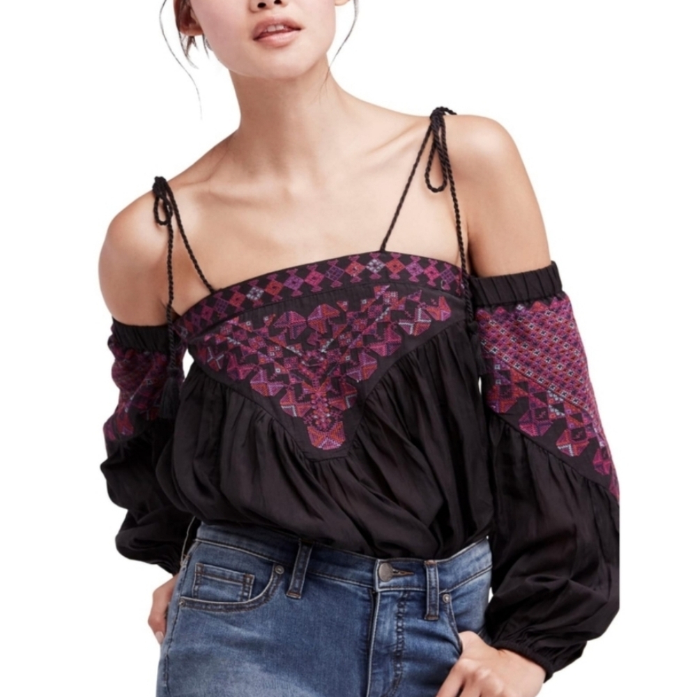 Zara Black and Purple Embroidered Blouse